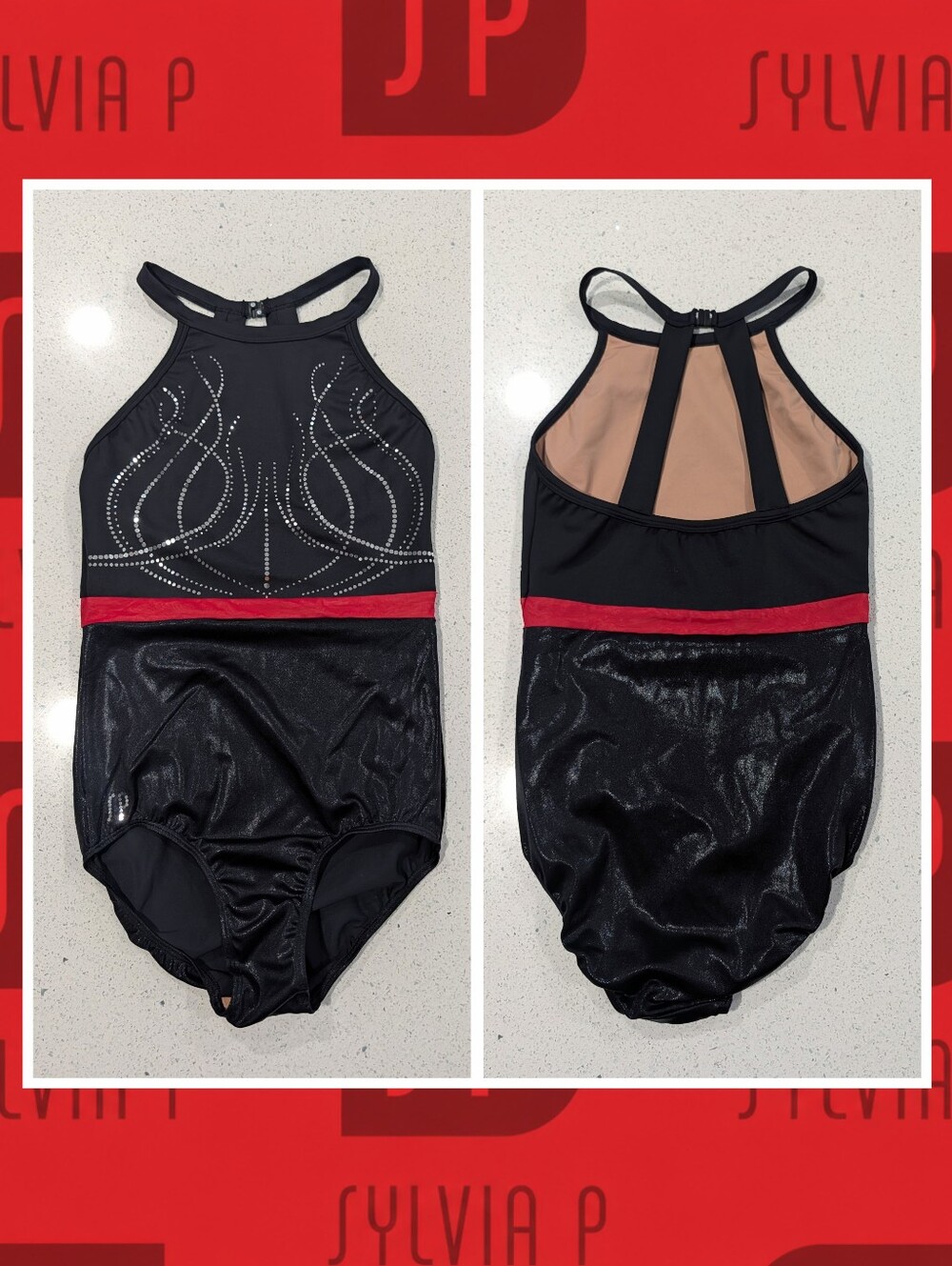 GORGEOUS Sylvia P gymnastics dance Leotard Medium Black Red Sequins STRAPPY Back